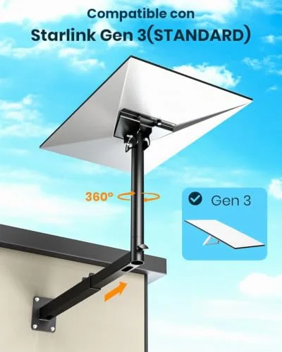 3BAO ▫️ Suporte Starlink Gen 3, suporte ajustável a 360° para Starlink Gen 3, suporte de mastro para Starlink com adaptador de tubo para Starlink Gen 3, kit de montagem na parede longo para Starlink 4