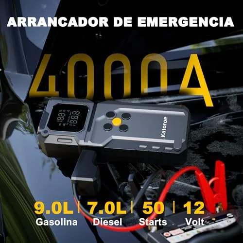 katoroe ▫️ Arrancador de baterias de automóvel com compressor de ar de 4000 A, arrancador portátil para automóveis (9,0 L de gasolina/8,0 L de gasóleo) com inflador de 150 PSI, ecrã LCD grande e lanterna LED 2