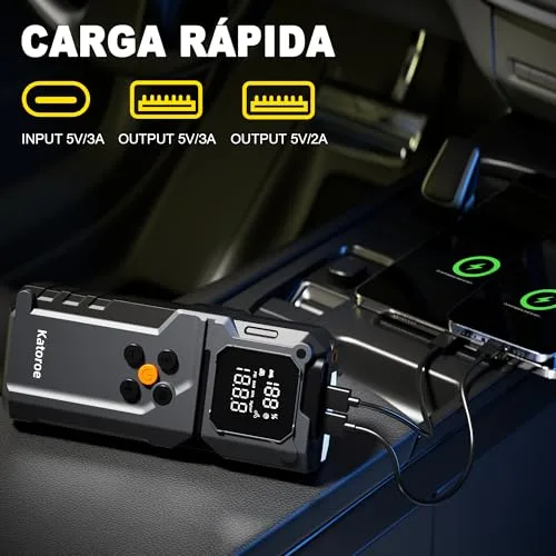 katoroe ▫️ Arrancador de baterias de automóvel com compressor de ar de 4000 A, arrancador portátil para automóveis (9,0 L de gasolina/8,0 L de gasóleo) com inflador de 150 PSI, ecrã LCD grande e lanterna LED 4