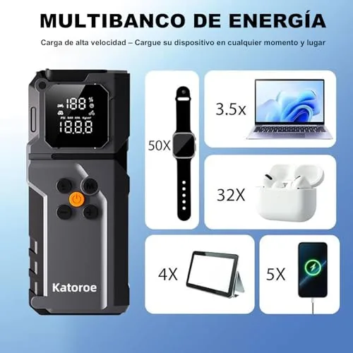 katoroe ▫️ Arrancador de baterias de automóvel com compressor de ar de 4000 A, arrancador portátil para automóveis (9,0 L de gasolina/8,0 L de gasóleo) com inflador de 150 PSI, ecrã LCD grande e lanterna LED 6