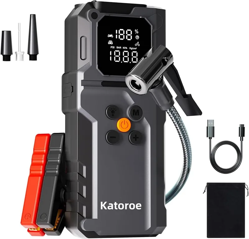 katoroe ▫️ Arrancador de baterias de automóvel com compressor de ar de 4000 A, arrancador portátil para automóveis (9,0 L de gasolina/8,0 L de gasóleo) com inflador de 150 PSI, ecrã LCD grande e lanterna LED