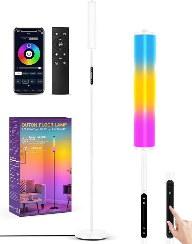 OUTON ▫️ Candeeiro de pé LED com controlo remoto e aplicação, 1500 LM, 16 milhões de cores, 32 modos de cena, música sincronizada, temporizador 1H, candeeiro de canto moderno para sala de estar, quarto e jogos, branco