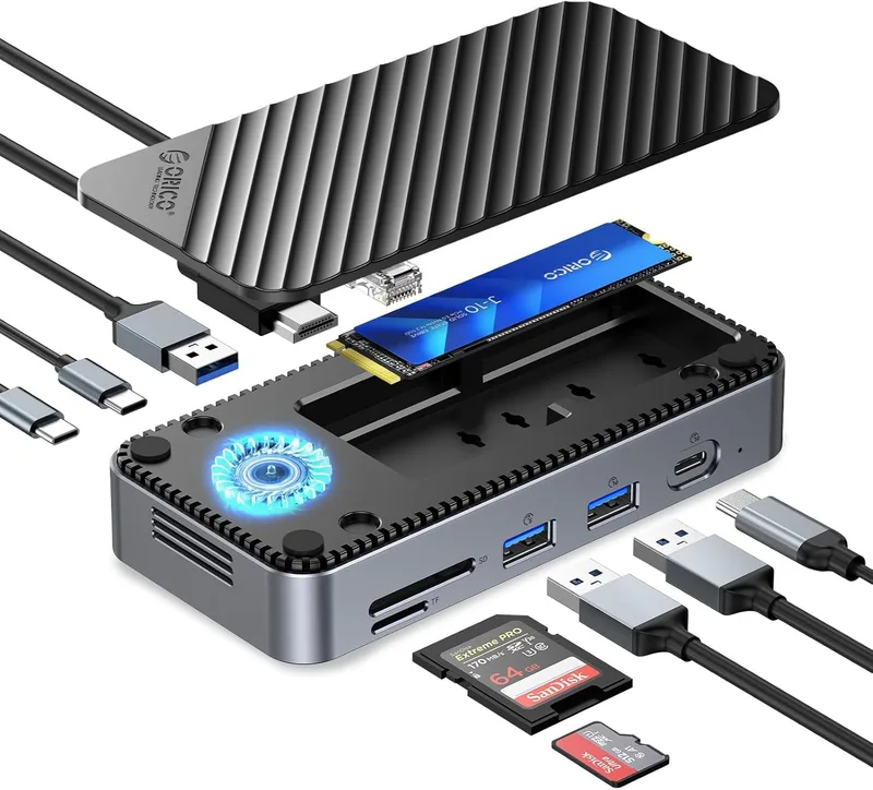 ORICO ▫️ Hub USB C com caixa SSD NVMe M.2, estação de ancoragem 10 em 1 USB C com ventoinha integrada, adaptador SSD 10 Gbps USB3.2 Gen2 M.2 NVMe/SATA 4K HDMI 100W PD, adaptador SSD compatível com SD/TF