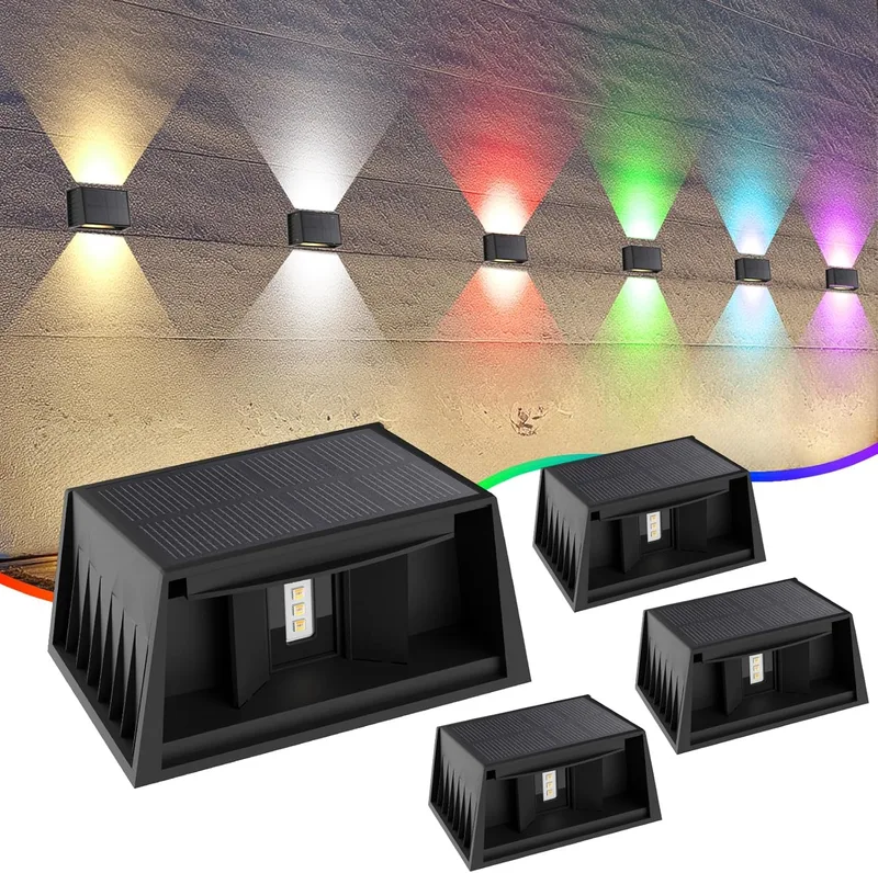 T-SUN ▫️ RGB Luz de Parede Solar RGB, Luzes de Parede Exteriores Alimentadas por Energia Solar Ajustáveis para Cima e para Baixo IP65 Luz de Parede Alimentada por Energia Solar à Prova de Água para Jardim, Vedação, Garagem 4 Pacotes 8 Cores em Ciclo