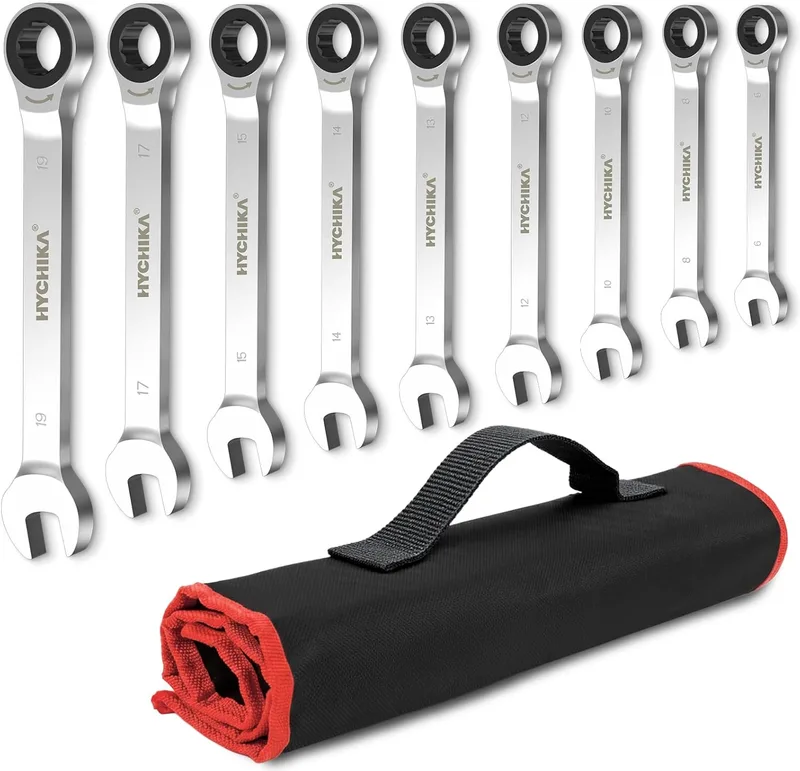 HYCHIKA BETTER TOOLS FOR BETTER LIFE ▫️ HYCHIKA Chaves Fixas 9 peças, Chaves Fixas com Catraca 6-19 mm com Saco de Armazenamento, Conjunto de chaves, chaves combinadas, Engrenagem de Catraca de 72 dentes