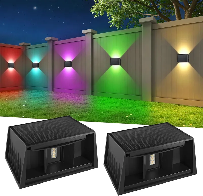 T-SUN ▫️ RGB Luz de Parede Solar, Luz de Parede Exterior Ajustável para Cima e para Baixo IP65 Luz de Parede Solar à Prova de Água para Jardim, Parede, Cerca, Garagem 2 Pack 8 Cores em Ciclo