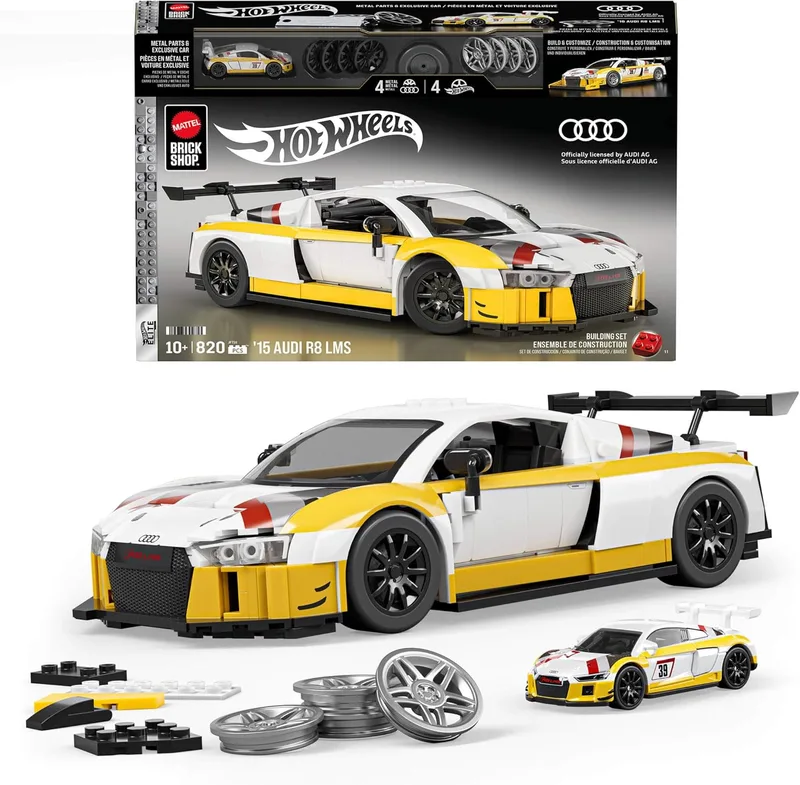 Mattel Brick Shop ▫️ Conjunto de construção Hot Wheels Elite Series 2015 Audi R8 LMS com 820 peças, detalhes realistas e autocolantes personalizados, JFT18