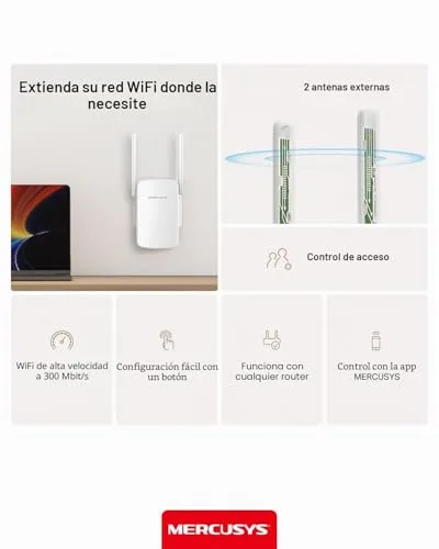 MERCUSYS ▫️ ME12 – Repetidor Wi-Fi 4, 300 M, 2,4 GHz, 2 antenas externas, Plug & Play 5