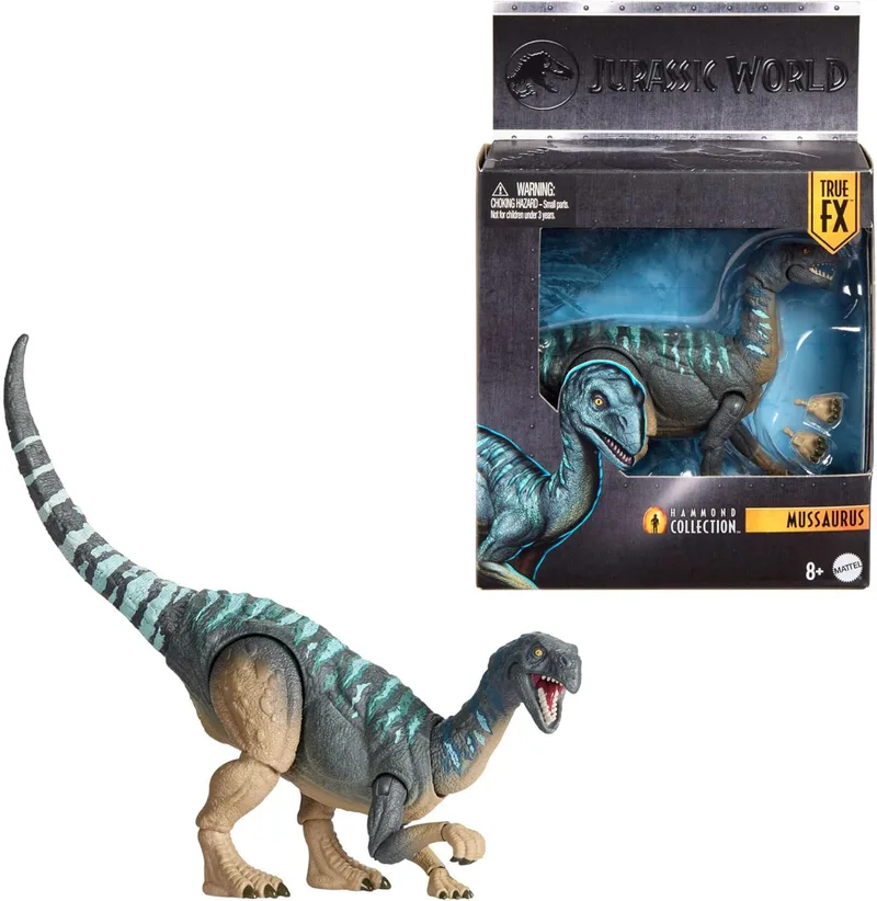 Mattel ▫️ Jurassic World Coleção Hammond Mussaurio Figura de ação de dinossauro, design de primeira qualidade com olhos realistas, 15 pontos de articulação e patas adicionais, JKM89