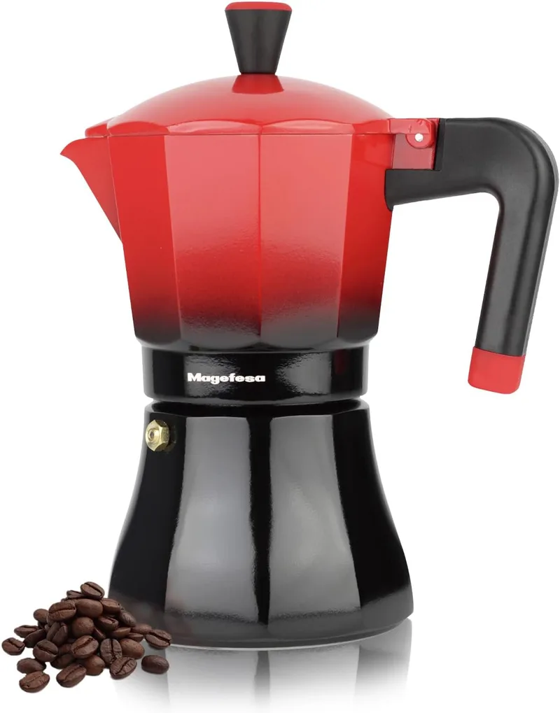 MAGEFESA ▫️ Tradicional - Cafeteira italiana preta e vermelha, 9 chávenas, 450 ml, aço inoxidável e alumínio, todos os fogões, indução, pega de toque frio