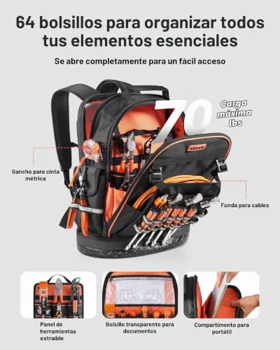 VEVOR ▫️ Mochila para ferramentas mochila de trabalho com 365 x 195 x 470 mm, com 64 bolsos, compartimento para computador portátil e base moldada, organizador de ferramentas para eletricistas e técnicos de reparação 2