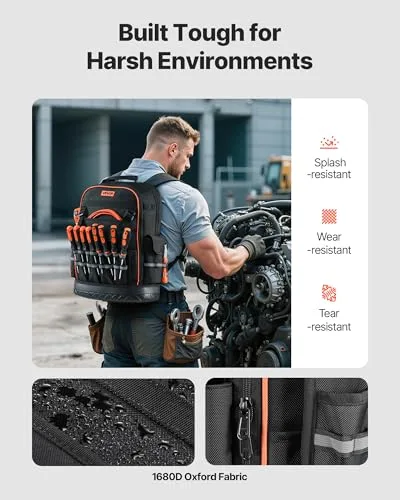 VEVOR ▫️ Mochila para ferramentas mochila de trabalho com 365 x 195 x 470 mm, com 64 bolsos, compartimento para computador portátil e base moldada, organizador de ferramentas para eletricistas e técnicos de reparação 3