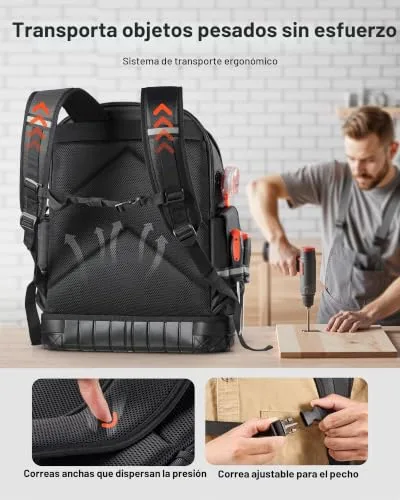 VEVOR ▫️ Mochila para ferramentas mochila de trabalho com 365 x 195 x 470 mm, com 64 bolsos, compartimento para computador portátil e base moldada, organizador de ferramentas para eletricistas e técnicos de reparação 4