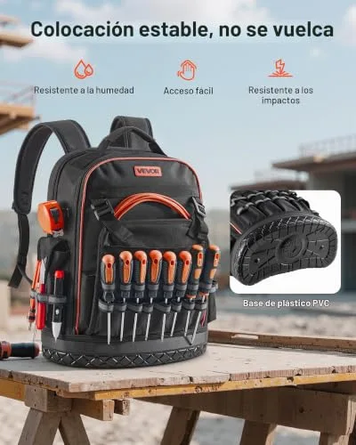 VEVOR ▫️ Mochila para ferramentas mochila de trabalho com 365 x 195 x 470 mm, com 64 bolsos, compartimento para computador portátil e base moldada, organizador de ferramentas para eletricistas e técnicos de reparação 5
