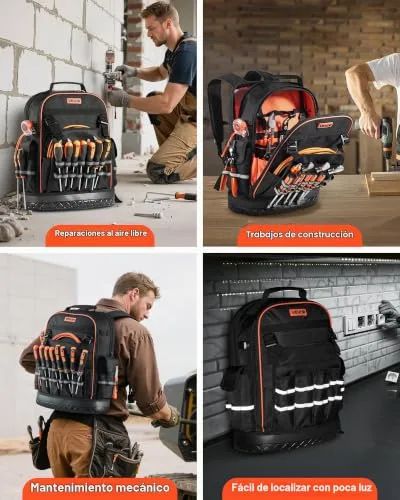 VEVOR ▫️ Mochila para ferramentas mochila de trabalho com 365 x 195 x 470 mm, com 64 bolsos, compartimento para computador portátil e base moldada, organizador de ferramentas para eletricistas e técnicos de reparação 6