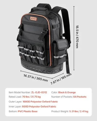 VEVOR ▫️ Mochila para ferramentas mochila de trabalho com 365 x 195 x 470 mm, com 64 bolsos, compartimento para computador portátil e base moldada, organizador de ferramentas para eletricistas e técnicos de reparação 7