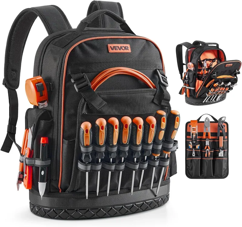VEVOR ▫️ Mochila para ferramentas mochila de trabalho com 365 x 195 x 470 mm, com 64 bolsos, compartimento para computador portátil e base moldada, organizador de ferramentas para eletricistas e técnicos de reparação