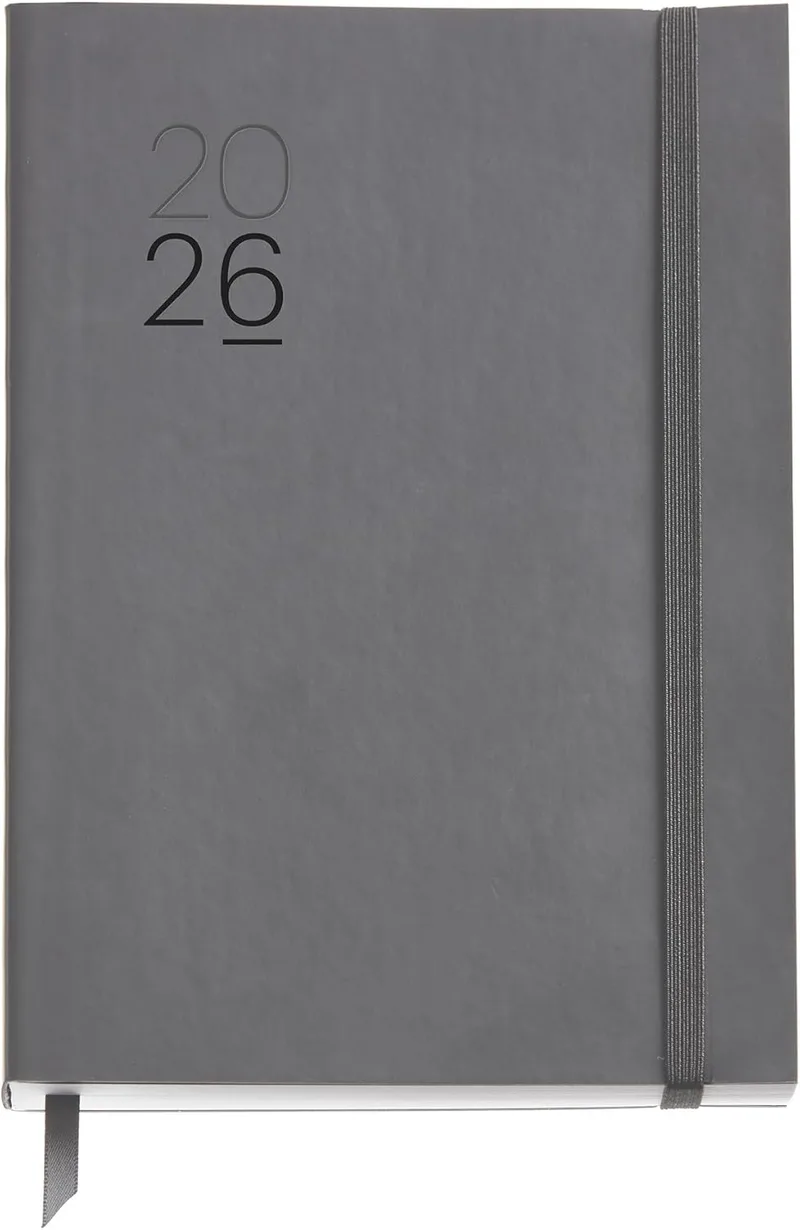 Miquelrius ▫️ Agenda 2026 vista semanal, Similar A5+ (155 x 213 mm), Agenda semanal, Capa mole com costura em pele sintética, Papel 80 g/m², English-EN-PT, Cinzento