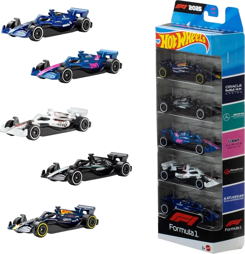 Hot Wheels ▫️ Fórmula 1 - Conjunto de 5 carros de brincar metálicos à escala 1:64, conjunto de 5 carros colecionáveis de F1 com licença oficial para brincar ou expor, JLN11