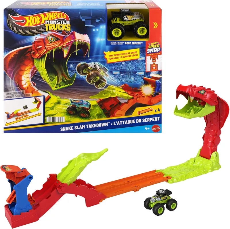 Hot Wheels ▫️ Monster Trucks Take Down the Snake, conjunto de jogos de brinquedo, conjunto de pistas com veículo de brinquedo exclusivo Bone Shaker à escala 1:64, inclui pista, JJN44