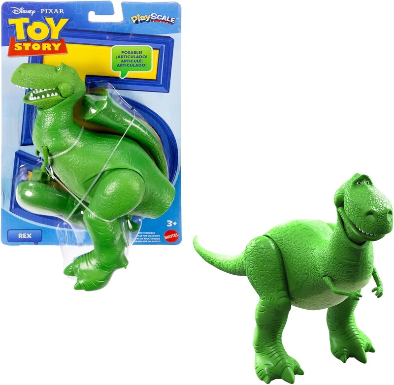 Mattel ▫️ Disney Pixar Toy Story 5 Rex Figura de ação com 18,4 cm de altura, dinossauro tiranossauro, 8 articulações móveis, design detalhado e escala ideal para brincar, JKV17