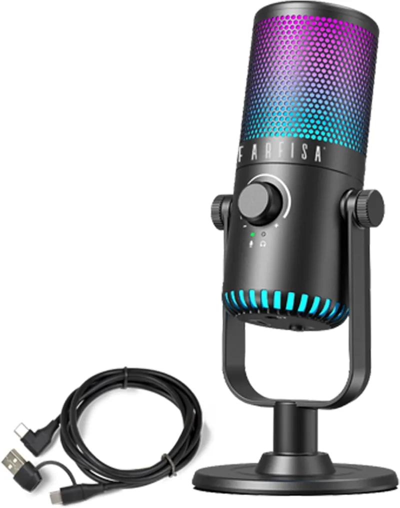 FARFISA ▫️ Microfone condensador digital profissional, ideal para jogos, podcasting e gravação, iluminação RGB personalizável, 82x190x82 mm