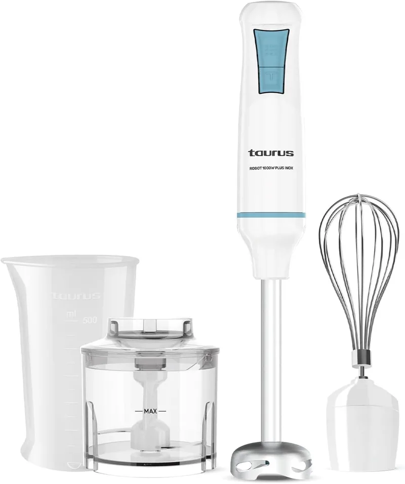 Taurus ▫️ Batedeira de Mão Robot 1000 Plus INOX, 2 velocidades + Turbo, lâminas em aço inoxidável, tampa anti-salpicos, ergonómica, sem BPA, lavável na máquina de lavar louça, com acessórios