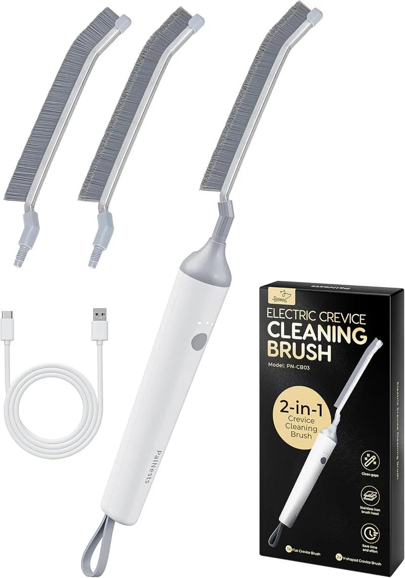 PalNests ▫️ Escova eléctrica para fendas, juntas e cantos, 3 velocidades com luz LED, cerdas duras multifuncionais em forma de V, para casa, cozinha, caixa de areia para gatos, casa de banho, carro