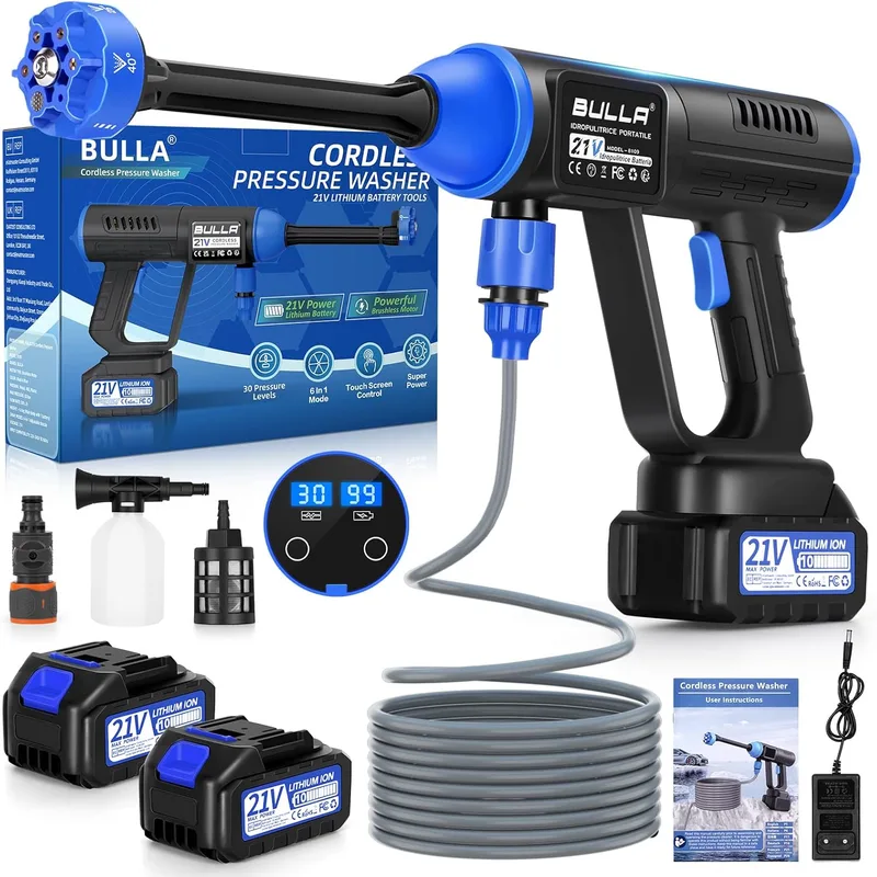 BULLA ▫️ Hidrolavadora a bateria, pistola de água sob pressão com bocal 6 em 1, pistola de lavagem Press & Clean com 2 baterias de 4,0 Ah, pistola hidrolavadora para a limpeza de automóveis, pavimentos e jardins