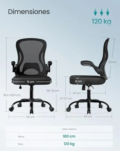 SONGMICS ▫️ Cadeira de escritório ergonómica cadeira giratória de malha com apoio lombar e braços rebatíveis, para escritório e quarto, Preto Tinta OBN042BH02 | com apoios de braços rebatíveis e apoio lombar, 61,5 x 58,5 x 104,5 cm, para escritório, preto tinta, coleção KIME OBN042BH02 3