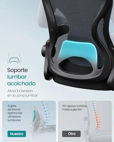 SONGMICS ▫️ Cadeira de escritório ergonómica cadeira giratória de malha com apoio lombar e braços rebatíveis, para escritório e quarto, Preto Tinta OBN042BH02 | com apoios de braços rebatíveis e apoio lombar, 61,5 x 58,5 x 104,5 cm, para escritório, preto tinta, coleção KIME OBN042BH02 4
