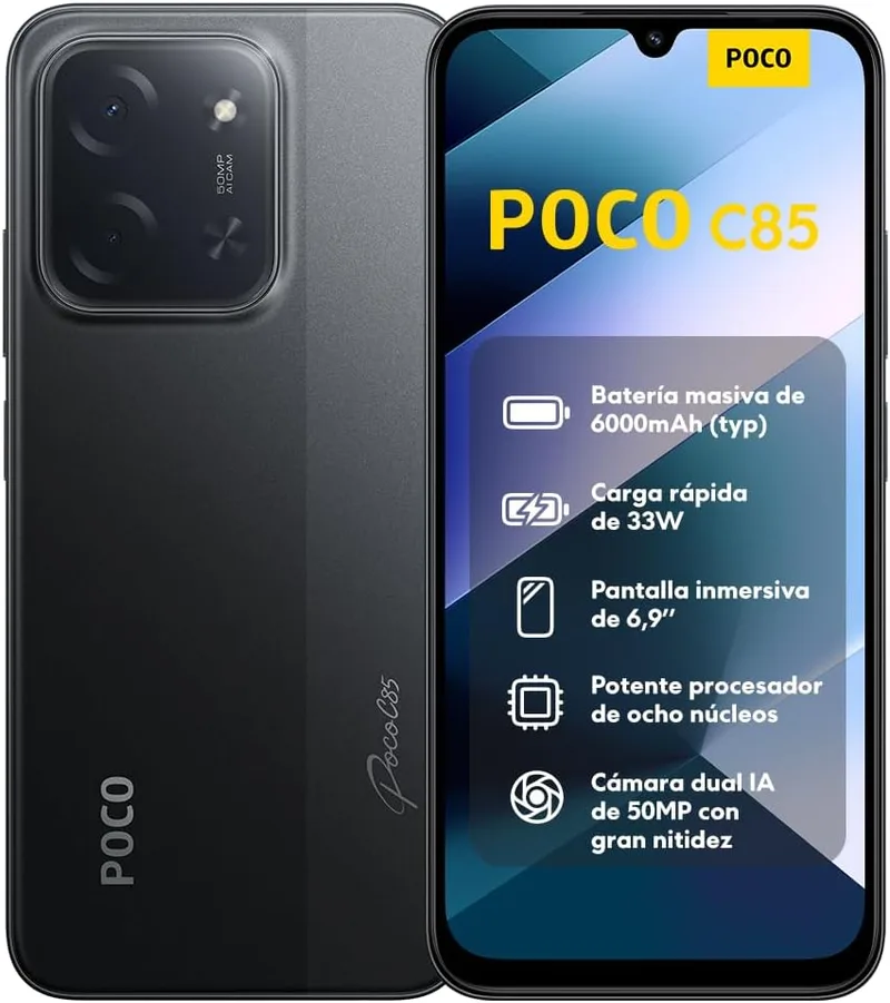 XIAOMI ▫️ POCO C85 - Smartphone de 8+256 GB, câmara dupla de 50 MP com IA, ecrã envolvente de 6,9”, potente processador octa-core, carregamento rápido de 33 W, bateria de 6000 mAh, carregador não incluído, preto (versão ES)