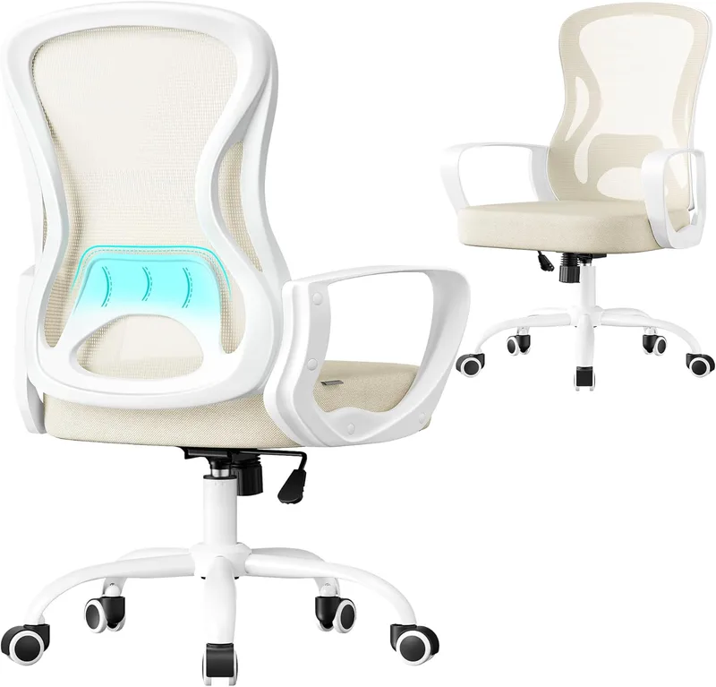 SONGMICS ▫️ Cadeira de escritório ergonómica, cadeira giratória de malha com apoio lombar e braços, para escritório e quarto, bege cappuccino e branco nuvem OBN043LH02