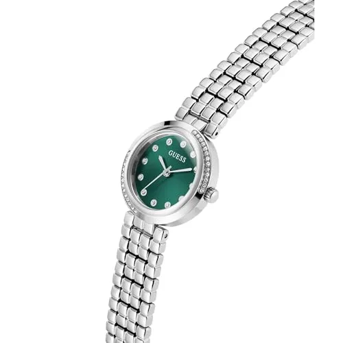 GUESS ▫️ Relógio de pulso para mulher GW0930L1 Clara, 28 mm, aço inoxidável prateado, mostrador verde, quartzo, vidro mineral, 3 ATM, zircónia, bracelete de elos de 14 mm 4