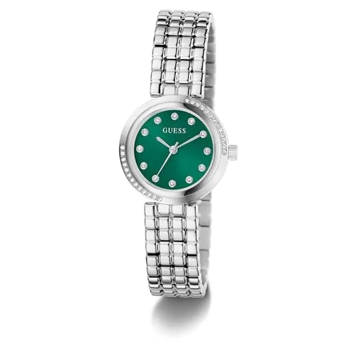 GUESS ▫️ Relógio de pulso para mulher GW0930L1 Clara, 28 mm, aço inoxidável prateado, mostrador verde, quartzo, vidro mineral, 3 ATM, zircónia, bracelete de elos de 14 mm 5