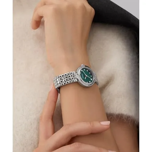 GUESS ▫️ Relógio de pulso para mulher GW0930L1 Clara, 28 mm, aço inoxidável prateado, mostrador verde, quartzo, vidro mineral, 3 ATM, zircónia, bracelete de elos de 14 mm 6