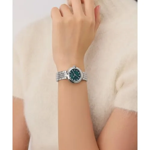 GUESS ▫️ Relógio de pulso para mulher GW0930L1 Clara, 28 mm, aço inoxidável prateado, mostrador verde, quartzo, vidro mineral, 3 ATM, zircónia, bracelete de elos de 14 mm 7