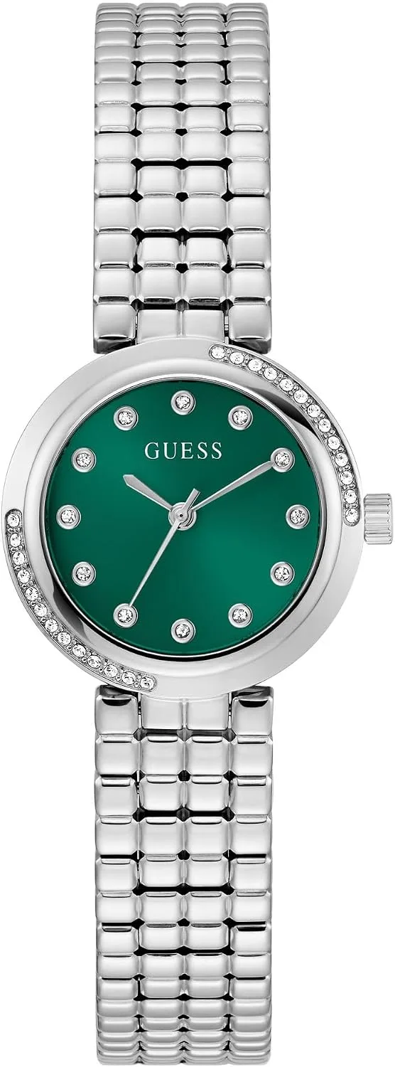 GUESS ▫️ Relógio de pulso para mulher GW0930L1 Clara, 28 mm, aço inoxidável prateado, mostrador verde, quartzo, vidro mineral, 3 ATM, zircónia, bracelete de elos de 14 mm