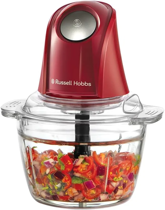 Russell Hobbs ▫️ Picador Elétrico Mini Desire Vermelho (Taça de vidro de 500 ml, lâminas de aço inoxidável com 2 pontas, 350 W máx., botão One-Touch, para frutas, legumes e carne) 27132-56