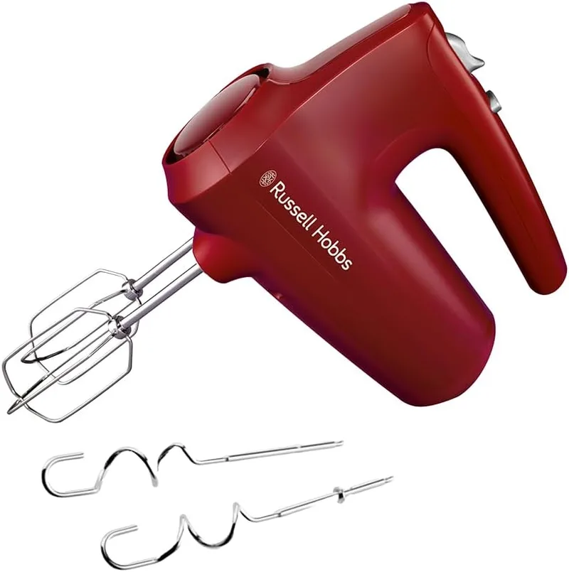 Russell Hobbs ▫️ Batedeira e amassadeira Desire Vermelha (5 velocidades + Turbo, 350 W máx., para pastelaria, 2 acessórios em aço inoxidável para bater e amassar, laváveis na máquina de lavar louça, suporte para a base) 27152-56