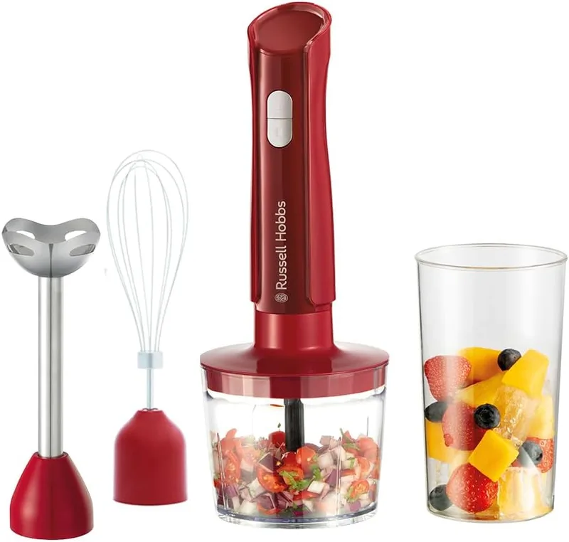 Russell Hobbs ▫️ Batedeira de mão [3 em 1] Desire Red (Triturar, Bater e Picar, Recipiente de 500 ml + Copo de 600 ml, Aço inoxidável, 2 velocidades + função pulsar, Sem BPA, Acessórios laváveis na máquina de lavar louça) 27142-56