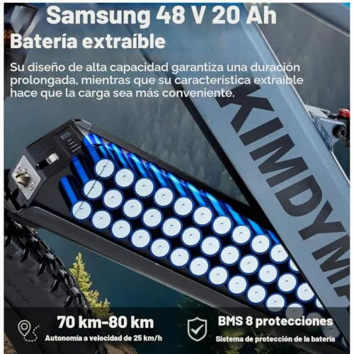 KIMDYMA ▫️ Bicicleta elétrica K1 E-MTB | Suspensão dupla 27,5" | Bateria 48 V 20 Ah (160 km de autonomia) | Motor de 80 Nm, 9 velocidades e pneus 27,5×2,8 | Cidade e terreno leve 3