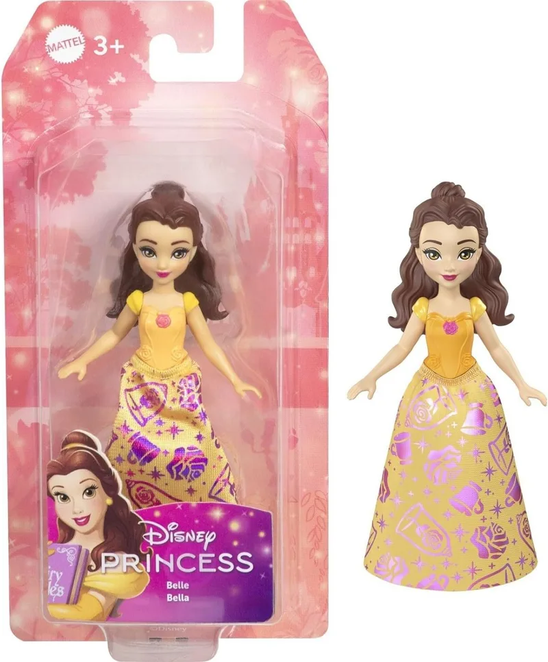 Disney Princess ▫️ Princesa Disney Belle - Boneca pequena inspirada em «A Bela e o Monstro» - Mini-boneca articulada de 9 cm com símbolo brilhante e saia removível detalhada - JBX50