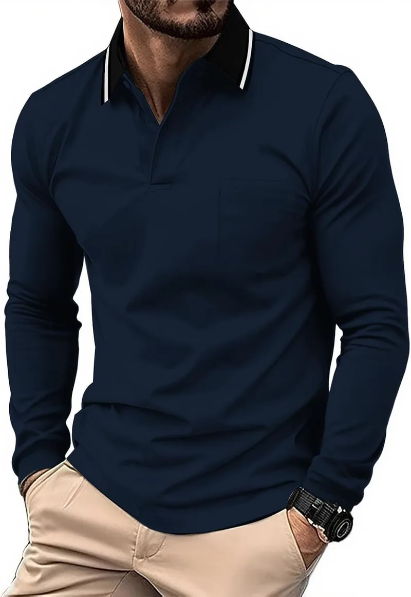 JACKETOWN ▫️ Polo para homem, polo de manga comprida, camisola de golfe, camisola respirável para o trabalho, t-shirt com bolso, primavera/outono, camisolas para caminhadas e pesca