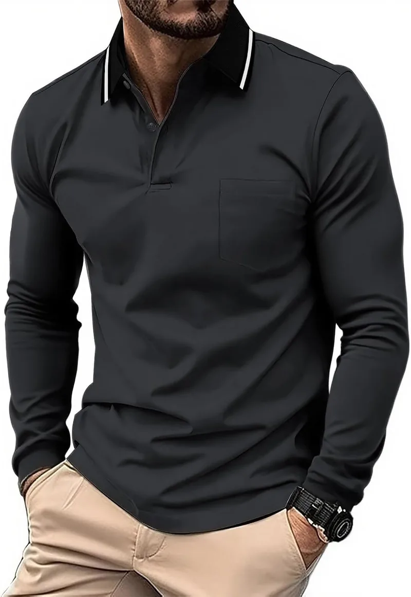 JACKETOWN ▫️ Polo para homem, polo de manga comprida, camisola de golfe, camisola de trabalho respirável, t-shirt com bolso, primavera/outono, camisolas para caminhadas e pesca