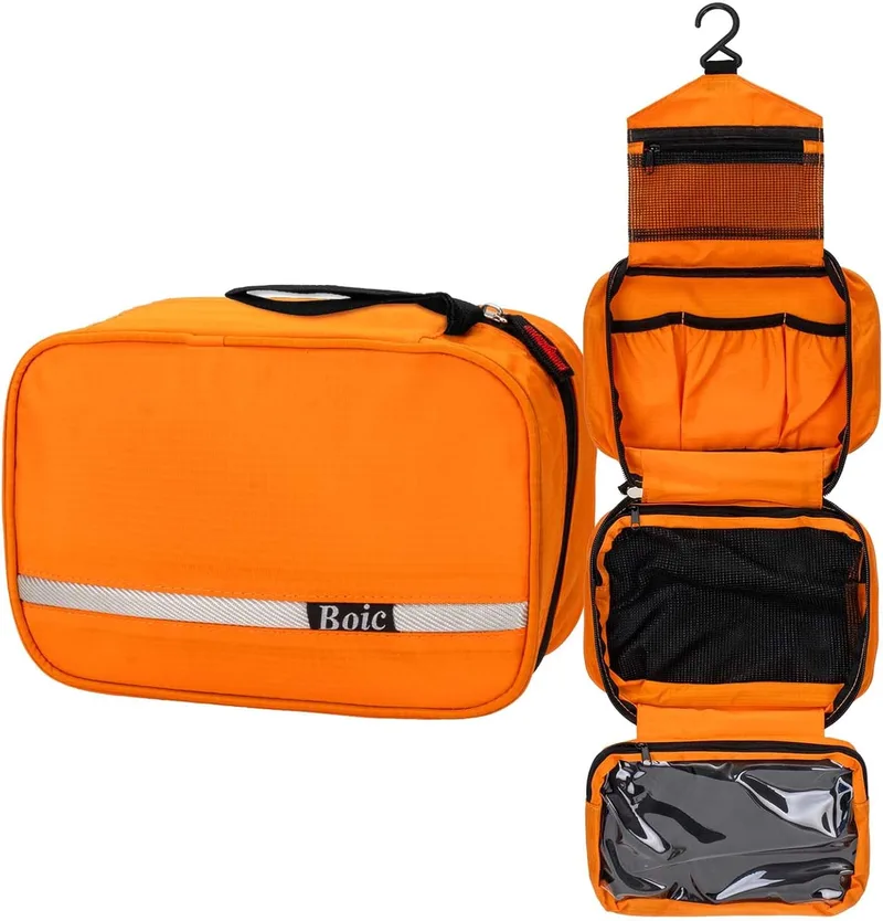 Boic ▫️ Saco de sanita de viagem, saco de sanita grande suspenso para homem e mulher, saco de sanita impermeável, saco de sanita dobrável com 4 compartimentos Acessórios de casa de banho (laranja)