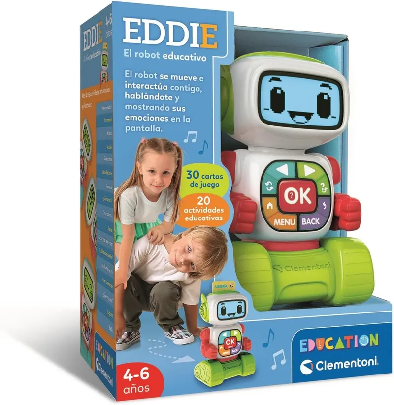 Clementoni ▫️ Eddie, Robô Educativo – 30 cartões de dupla face + 20 atividades educativas (letras, números, emoções, instrumentos, formas) com ecrã LCD – Crianças dos 4 aos 6 anos – 55617