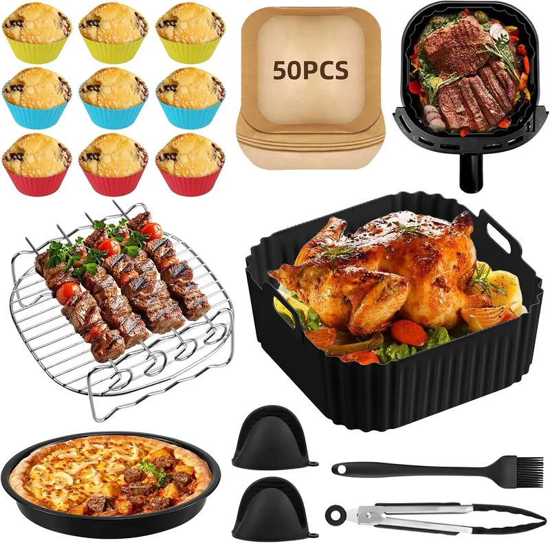 muhogxio ▫️ 12 acessórios para fritadeira de ar quente, sem BPA,Molde de silicone para fritadeira de ar quente para Philips Airfryer séries 2000/3000/5000 de 6,2 L, Ninja PRO, Cosori Airfryer de 6 L (inclui 50 folhas de papel para fritadeira de ar quente)