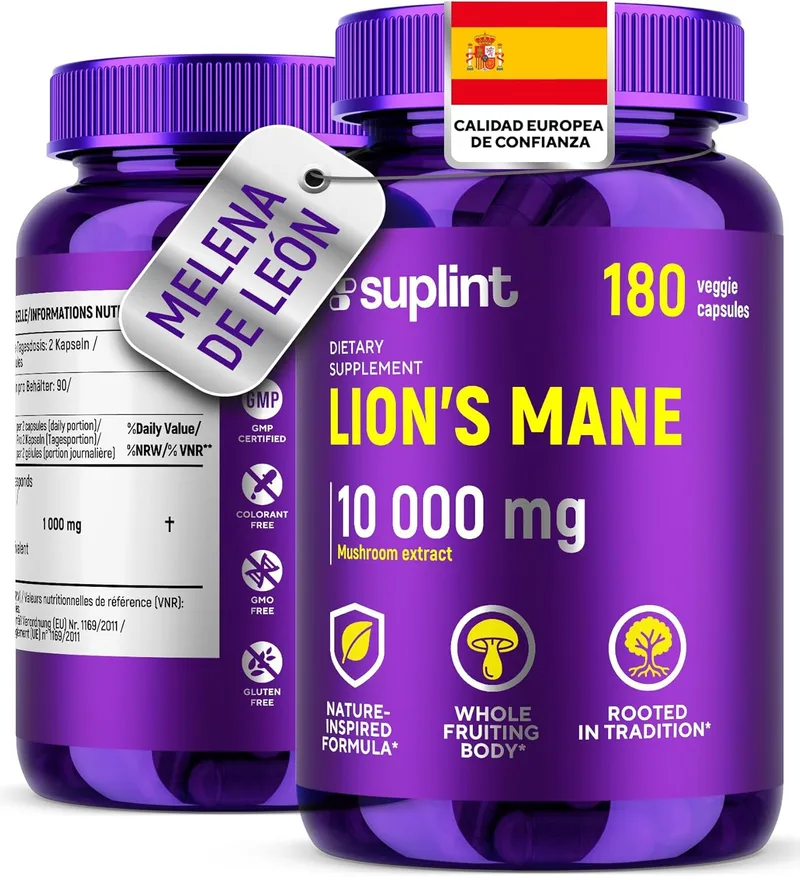 SUPLINT ▫️ Cápsulas de Lion's Mane 10.000 mg - Extrato de Hericium Erinaceus altamente concentrado 10:1 - Testado em laboratório com certificação - Suplemento de Lion's Mane - 180 cápsulas veganas