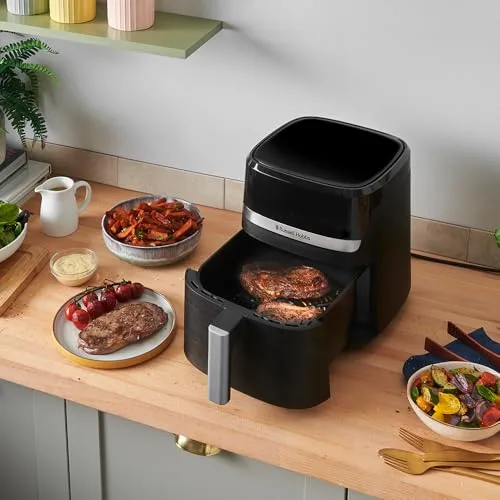 Russell Hobbs ▫️ Fritadeira de Ar Quente, Air Fryer, Airfryer, Fritadeira sem Óleo 5,5 litros, [9 programas, Compacta] Satisfry (Ecrã tátil, Forno, Grelhador, Assar, Antiaderente, Sem BPA, lavável na máquina de lavar louça) 27621-56 3